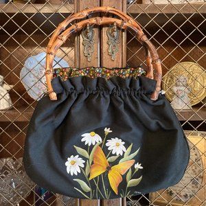 1970 Bamboo Handle Purse Black Canvas w/ Hand Painted Yellow Butterfly/daisies
